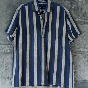 Version Limited Shirt Mens Large Blue Gray Striped Linen Short Sleeve Button Up